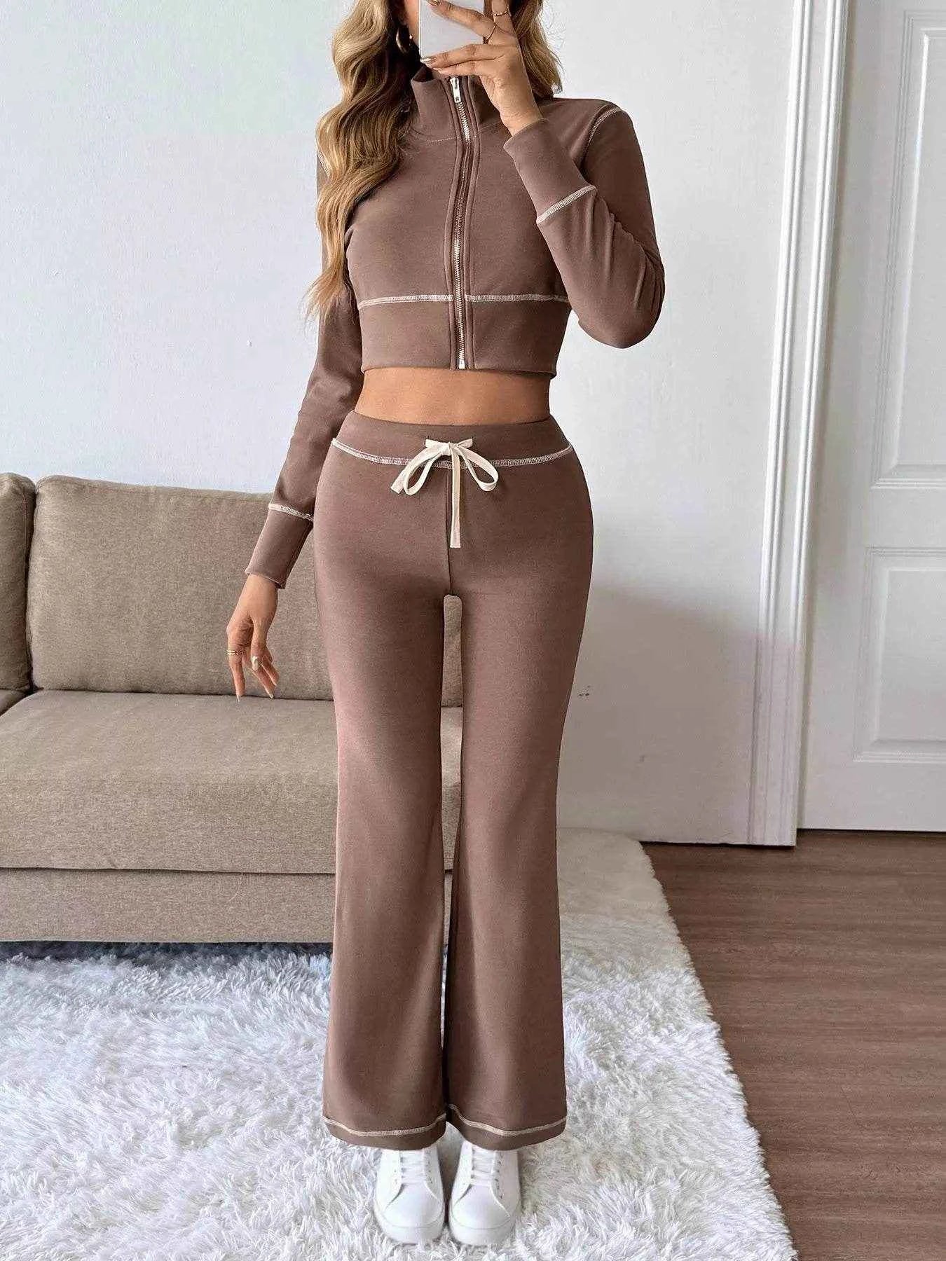 Trendsi Long Sleeve Top and Pants Set in Brown with Stylish Zip and Drawstring Design