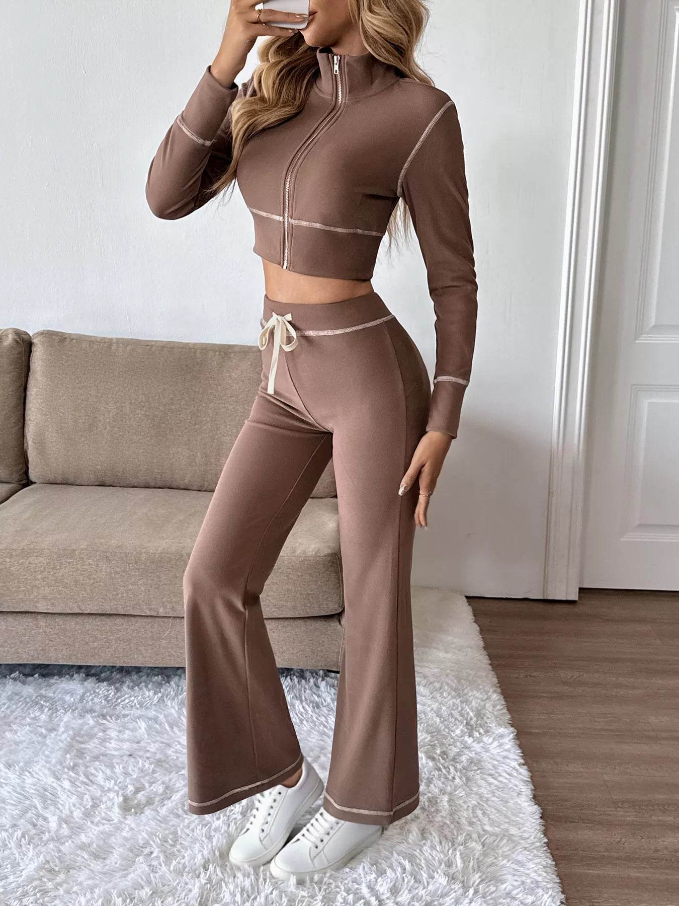 Trendsi Long Sleeve Top and Pants Set in Brown with Flared Legs for a Stylish Casual Look