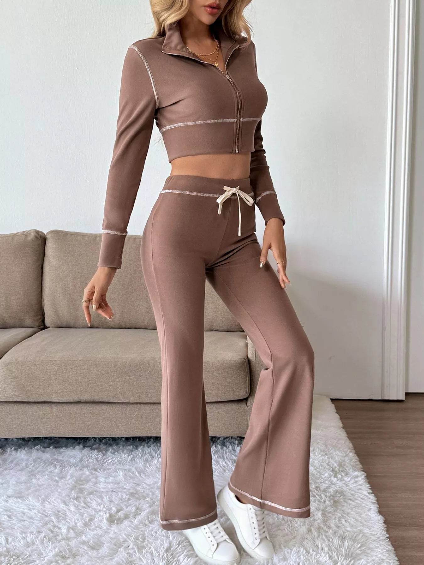 Trendsi Long Sleeve Top and Pants Set in brown with zip-up jacket and bell-bottom pants
