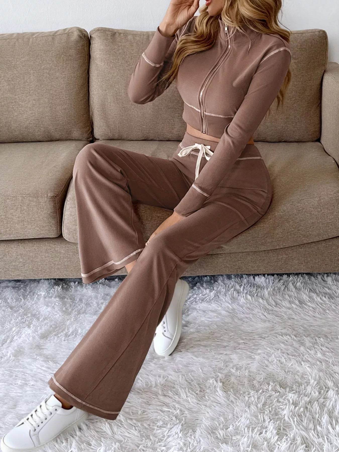 Trendsi Long Sleeve Top and Pants Set in Brown with Zip-Up Design for Comfortable Casual Wear
