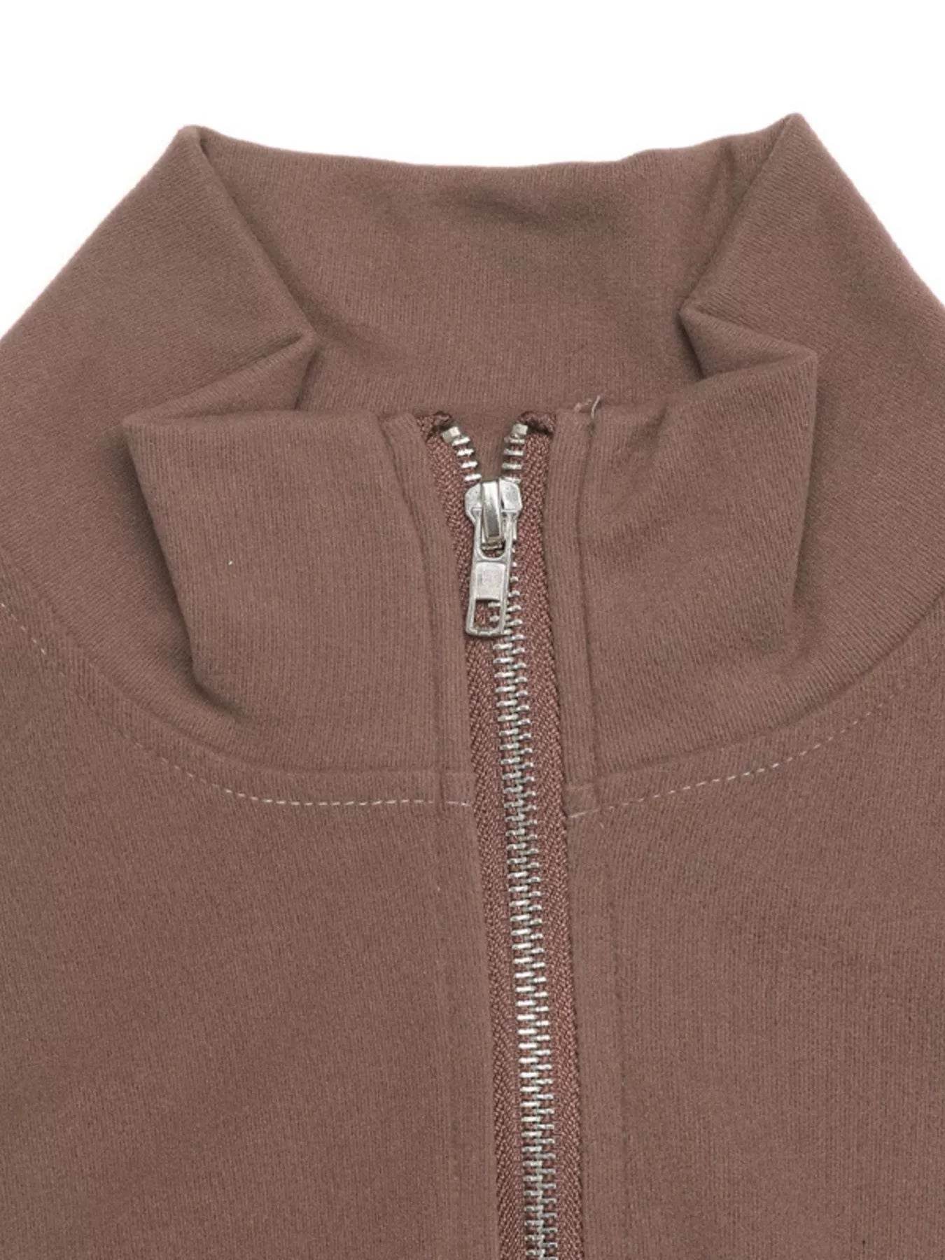 Trendsi Long Sleeve Top and Pants Set featuring a stylish zip-up collar in soft brown fabric