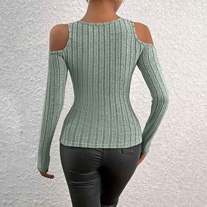 CJ Long Sleeve Top with Cut-Out Shoulders in Ribbed Fabric for a Stylish Look