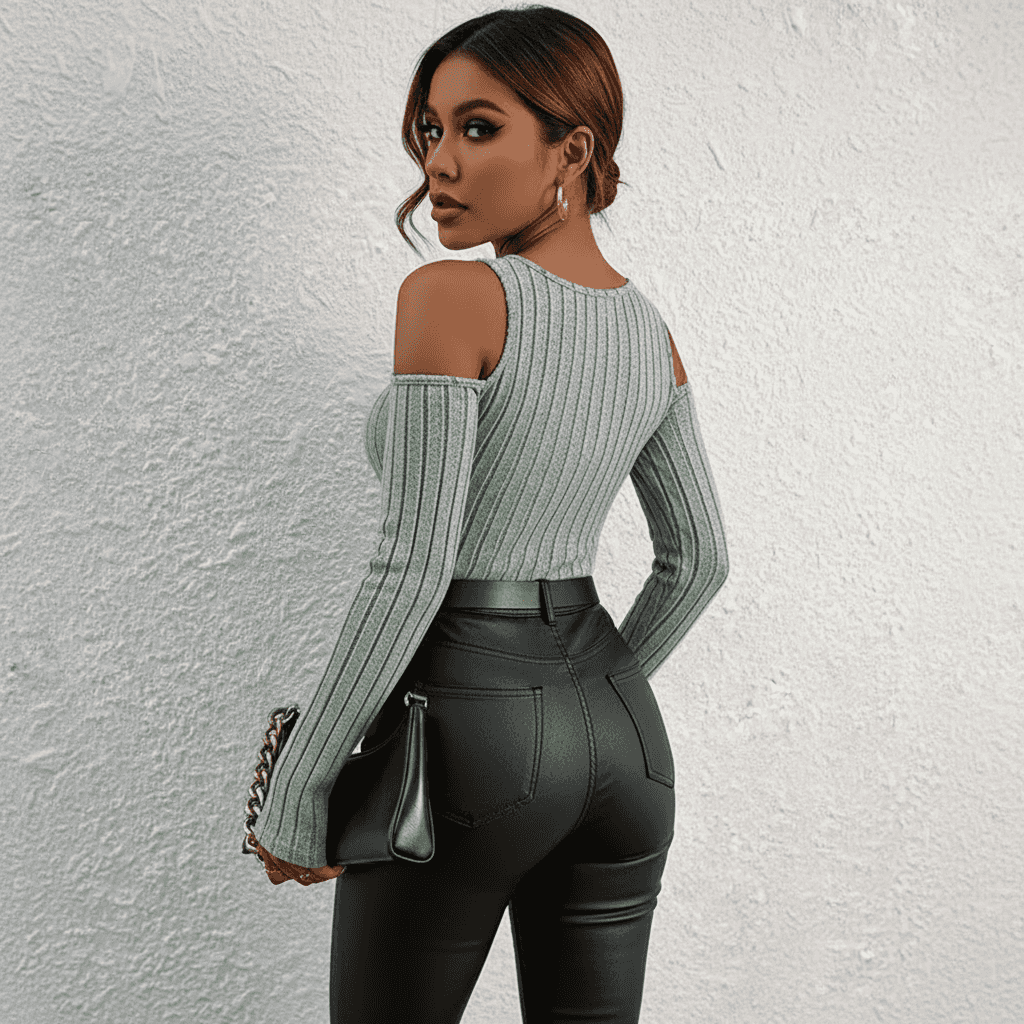 CJ Long Sleeve Top in ribbed green fabric featuring cold shoulder design for a trendy look