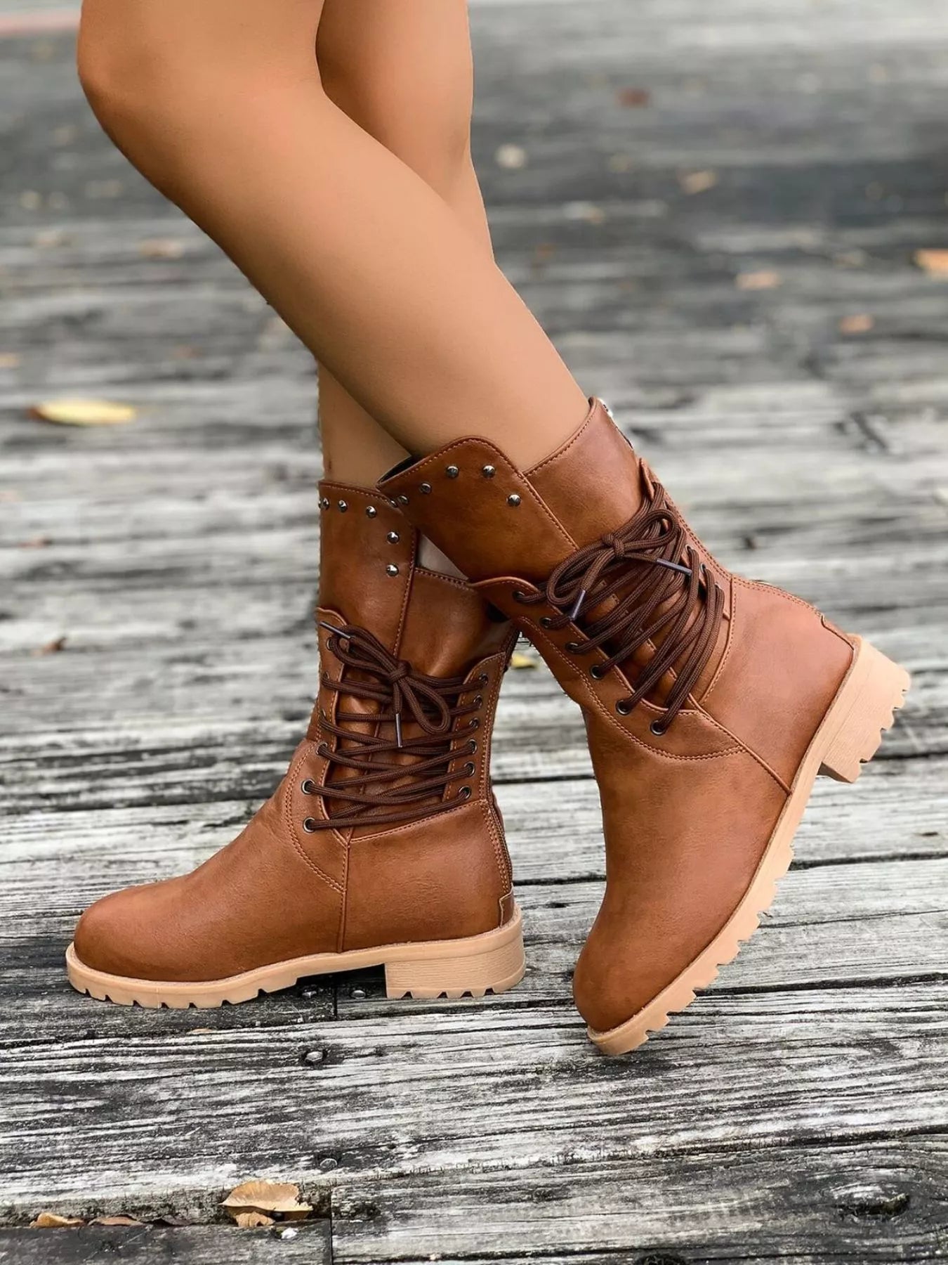 Trendsi Low Heel Stylish Boots in brown with lace-up design and rugged sole for trendy comfort