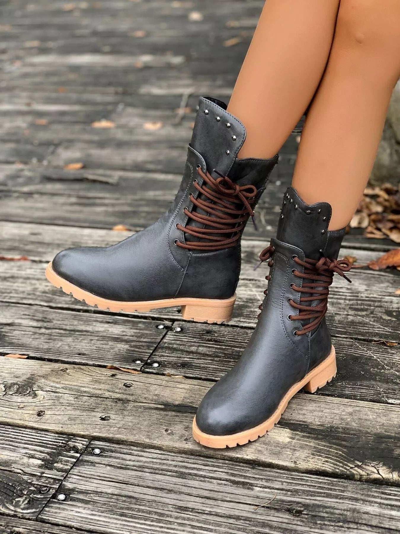Low Heel Stylish Boots in gray with lace-up design for a fashionable look on any casual outing