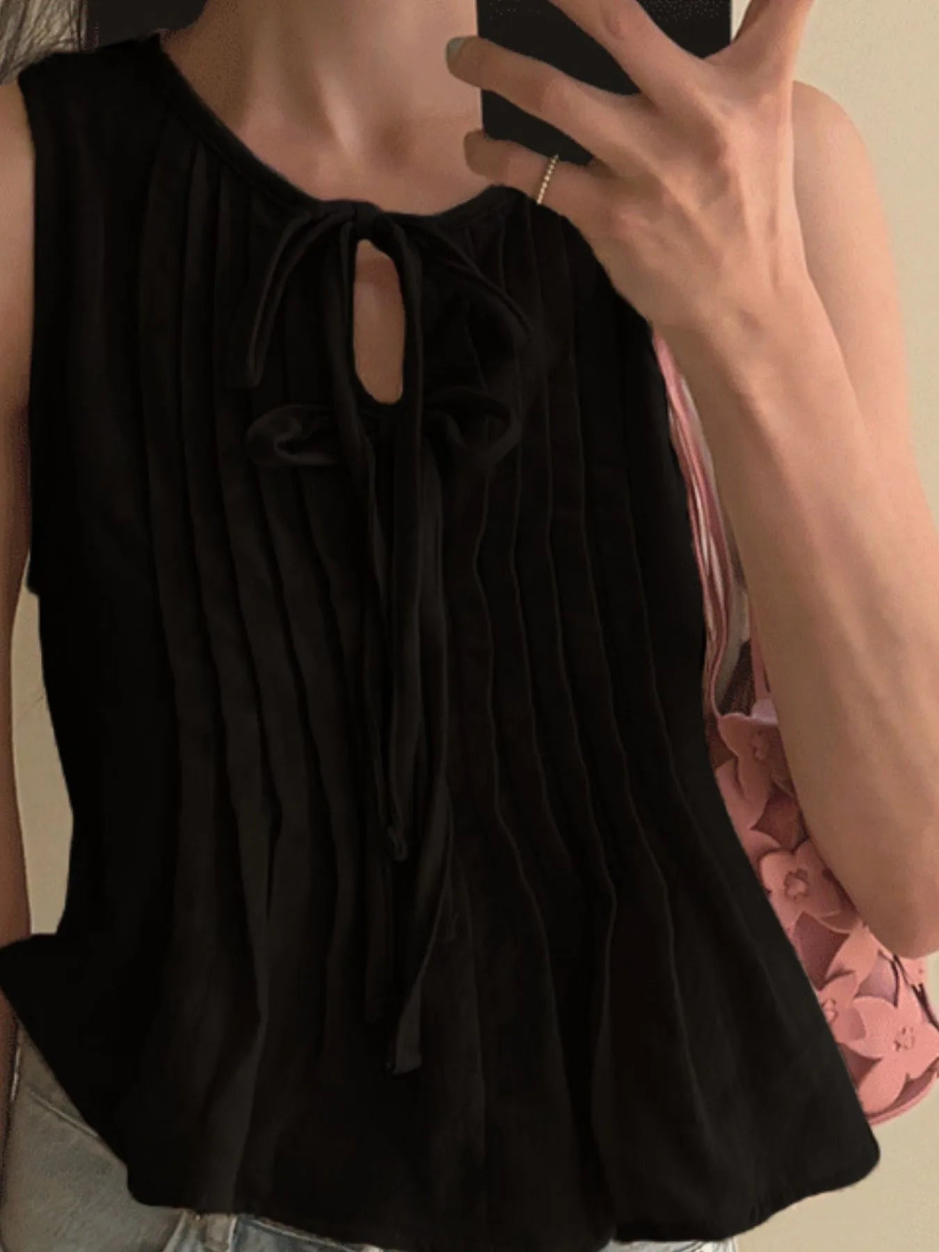 Trendsi black pleated keyhole top with tie neckline Sleeveless Summer Blouse for casual wear