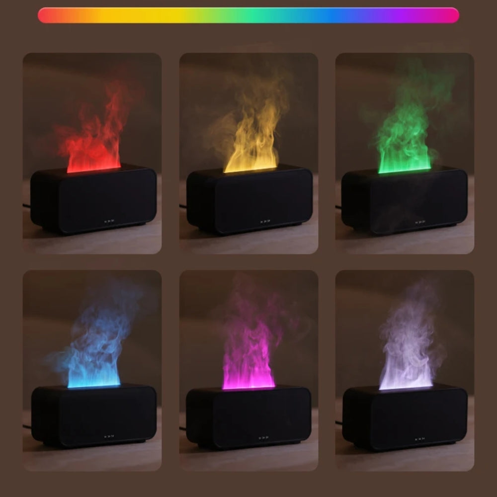 Fashions Envy Flame Aromatherapy Humidifier showing multicolor LED flame mist in six color modes on black base