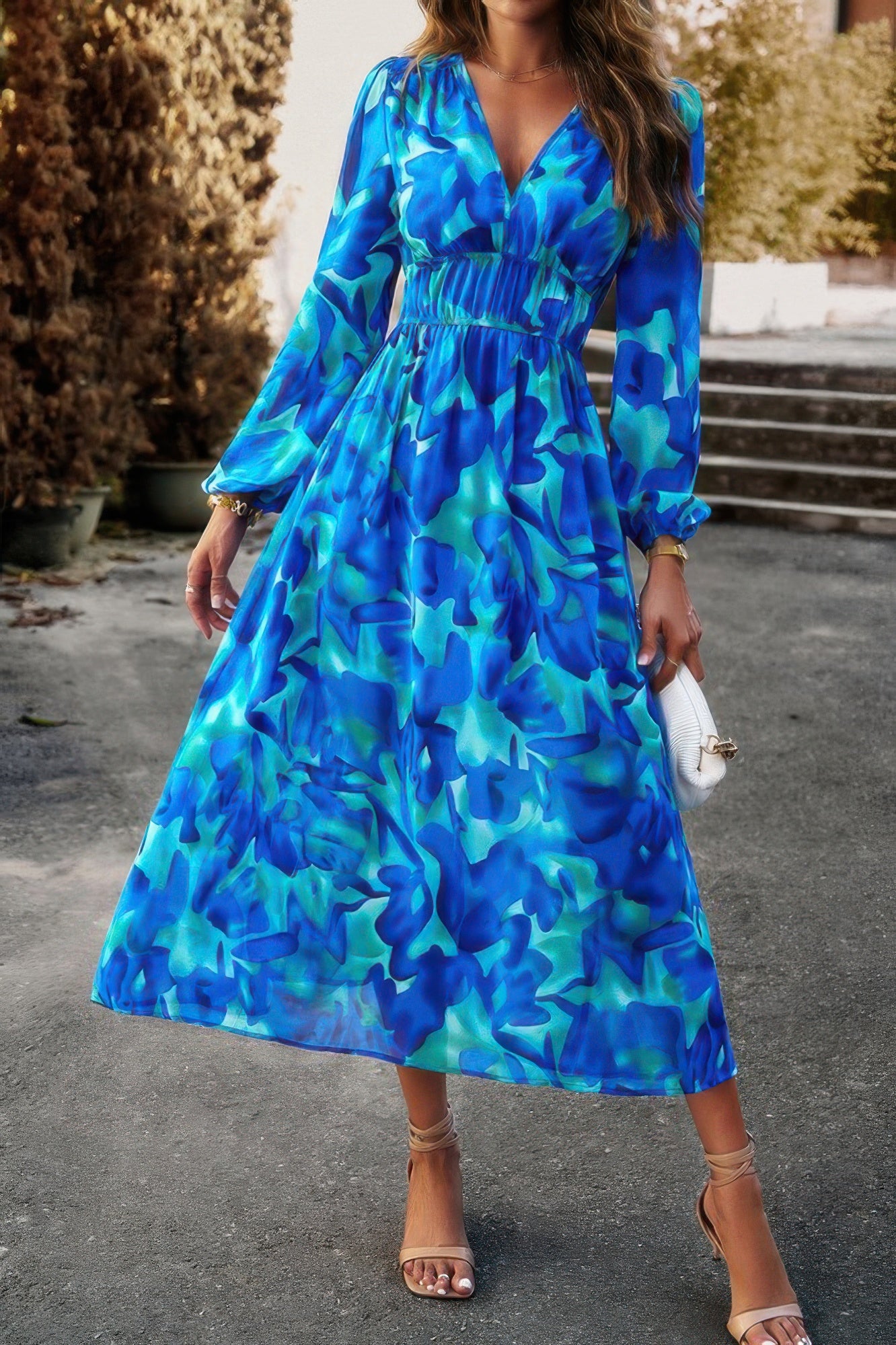 Blue green abstract print boho v neck dress with long sleeves smocked waist and midi skirt