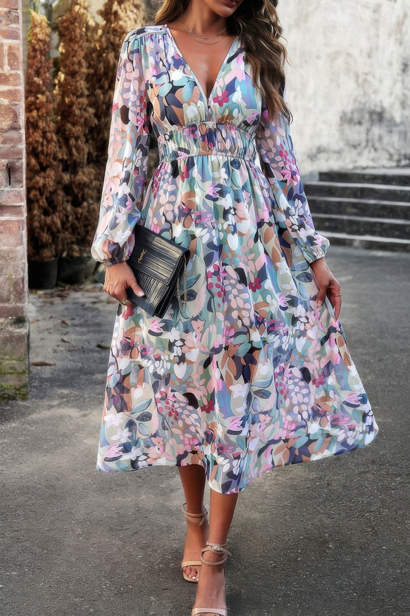 CCWHOLESALECLOTHING floral boho v neck dress with long sheer sleeves smocked waist midi length