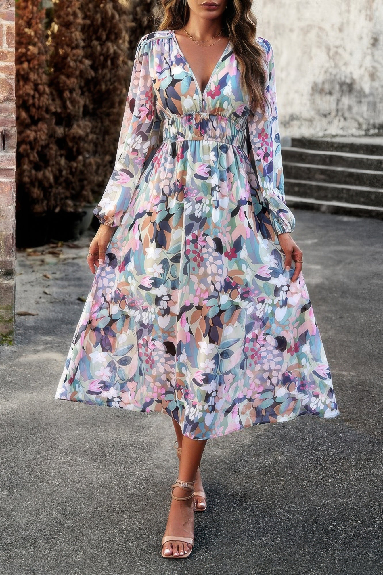 CCWHOLESALECLOTHING boho v neck dress pastel floral long sleeve midi with smocked waist and flowy skirt