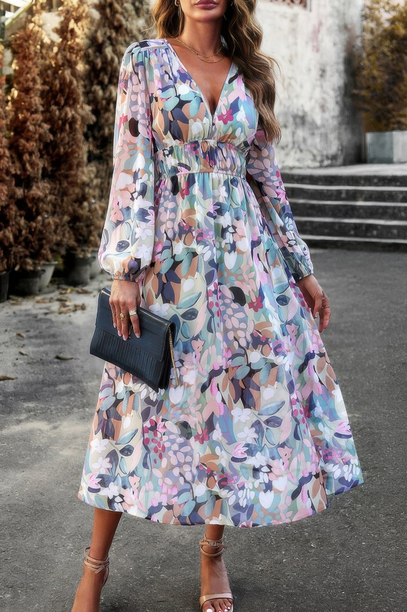 CCWHOLESALECLOTHING floral pastel midi boho v neck dress with long bishop sleeves smocked waist and flowy skirt