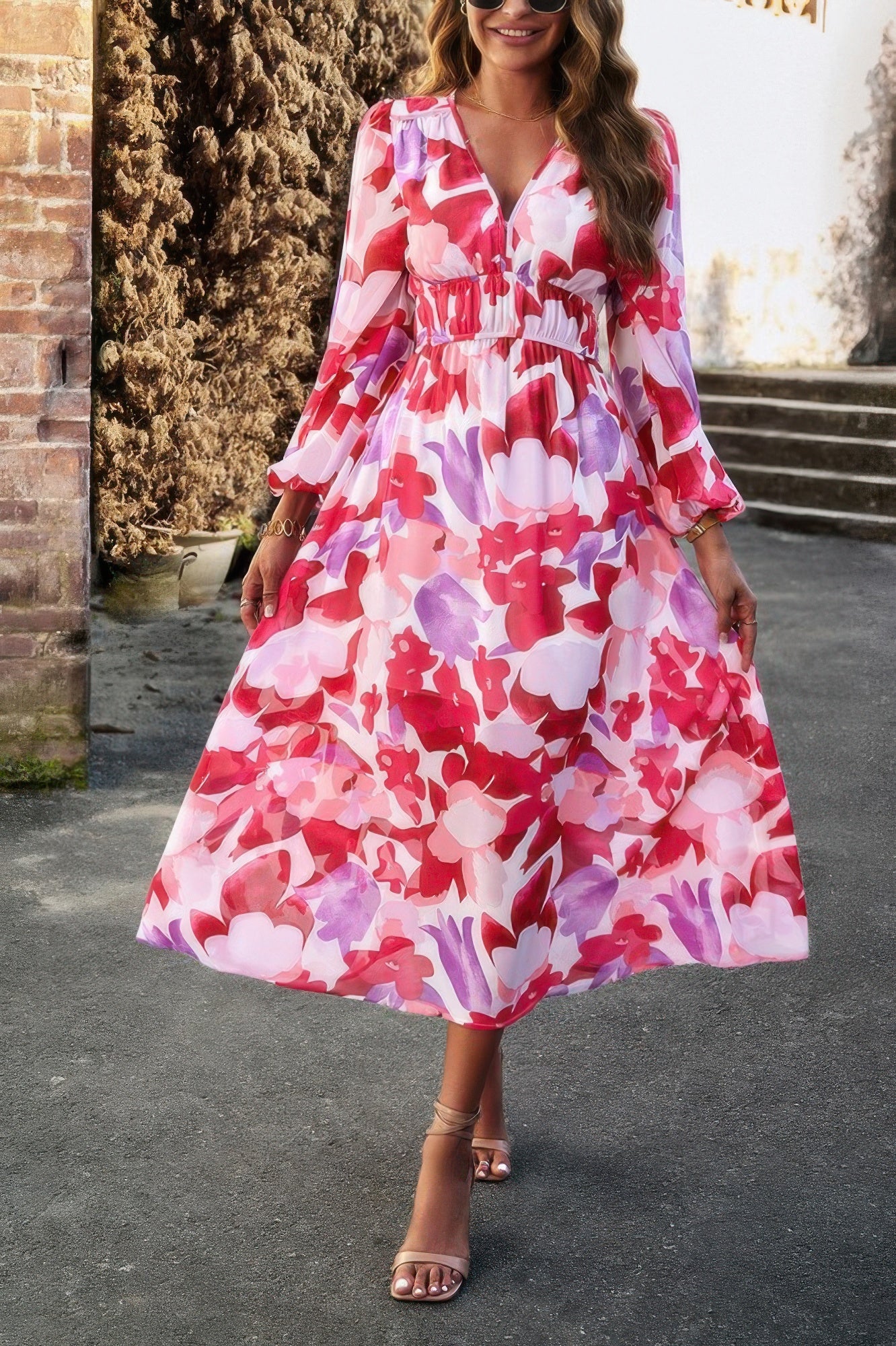 CCWHOLESALECLOTHING boho v neck dress pink red floral long sleeve midi with cinched waist and flowy skirt