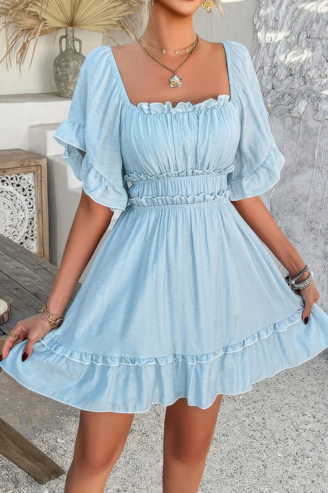 CCWHOLESALECLOTHING light blue off shoulder ruffle trim dress with smocked waist and flutter sleeves