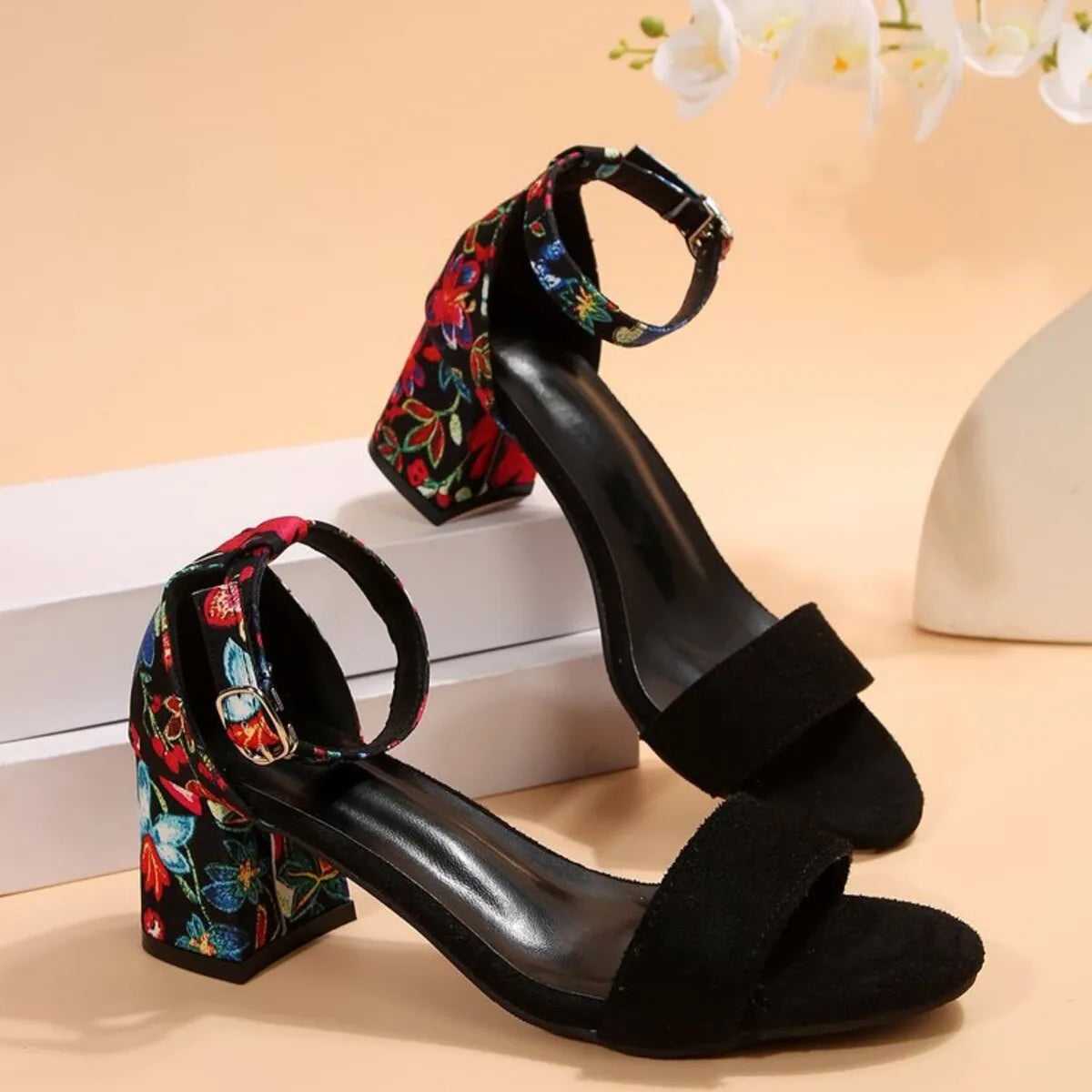 Trendsi black suede open toe block sandals with floral embroidered ankle strap and Party-Ready Heels