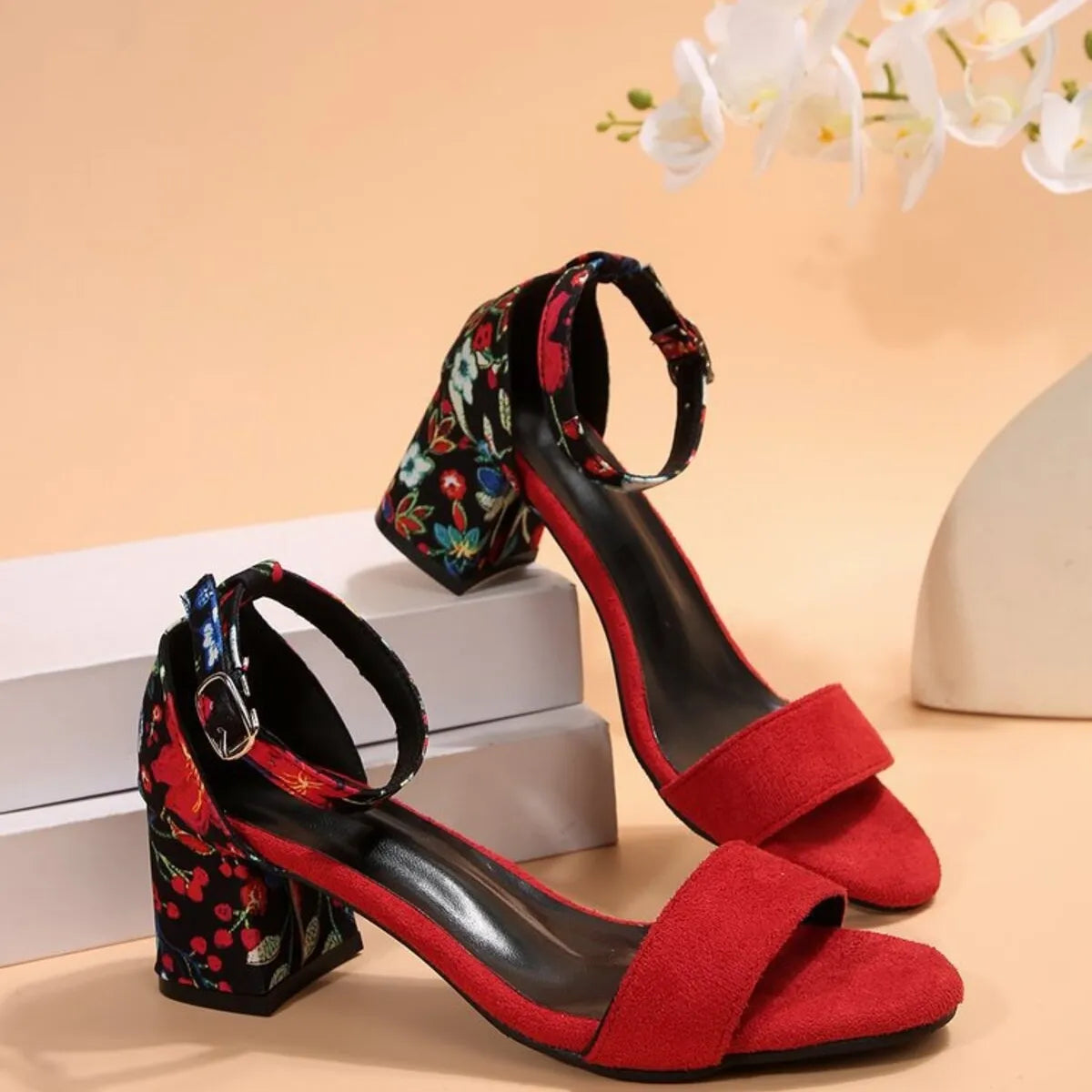 Trendsi red suede open toe block sandals with embroidered ankle strap and Party-Ready Heels style