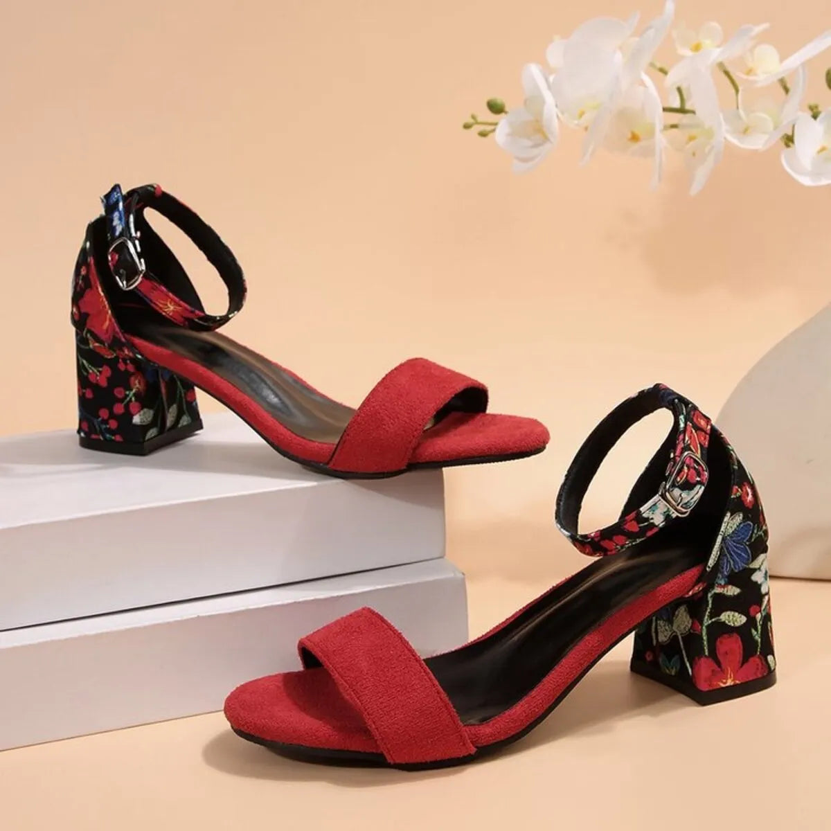 Trendsi red suede block heel sandals with floral ankle strap Party-Ready Heels for evening events and weddings