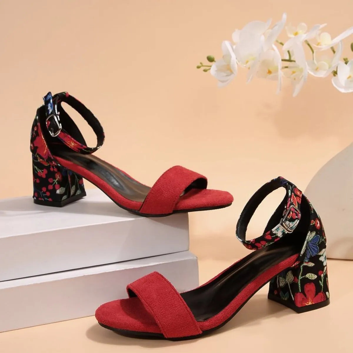 Trendsi red suede ankle strap block sandals with floral embroidered heel Party-Ready Heels for celebrations
