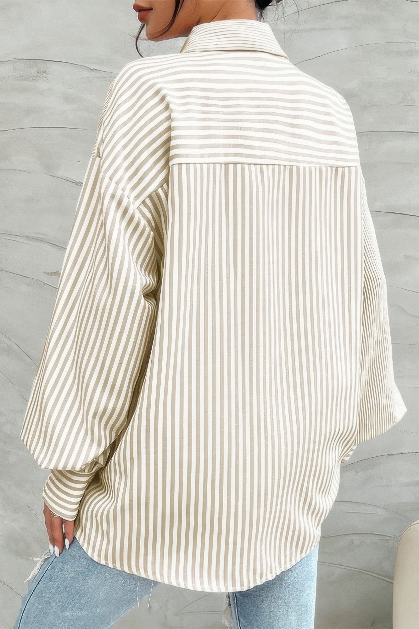 CCWHOLESALECLOTHING stripe print button down shirt oversized beige and white vertical stripes relaxed fit back view
