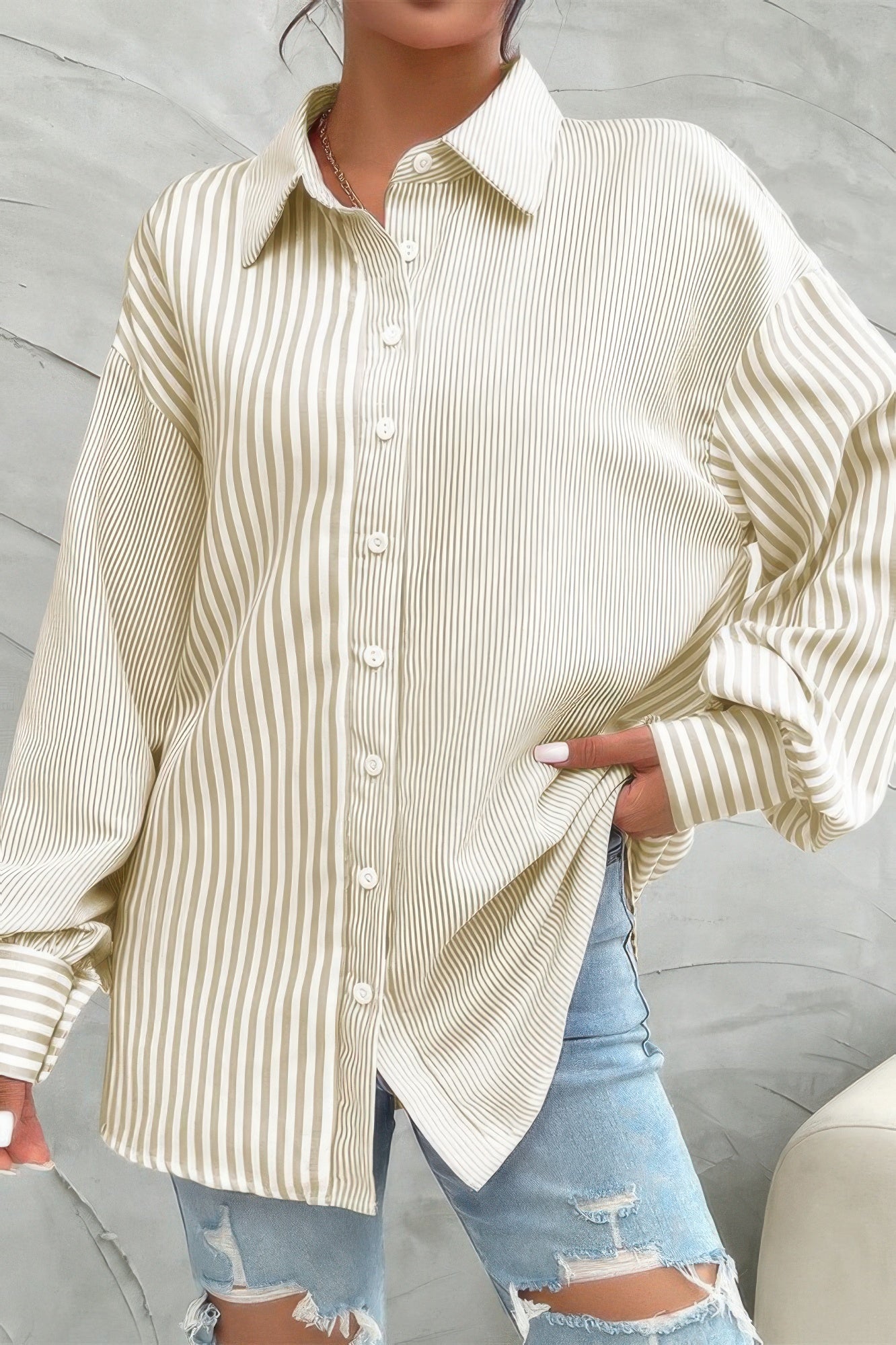 CCWHOLESALECLOTHING beige and white stripe print button down shirt oversized fit with long sleeves