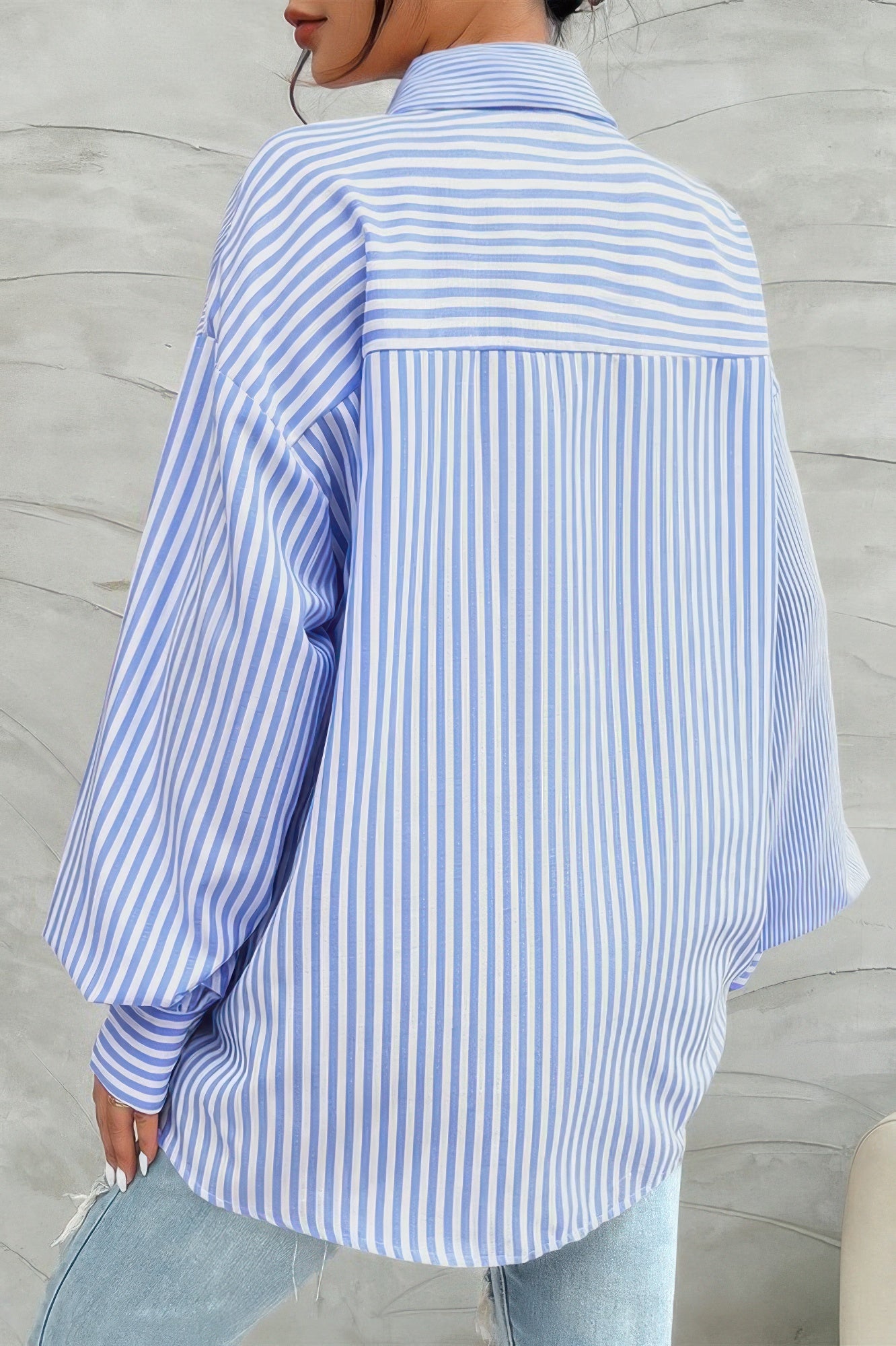 CCWHOLESALECLOTHING stripe print button down shirt oversized light blue and white striped back view