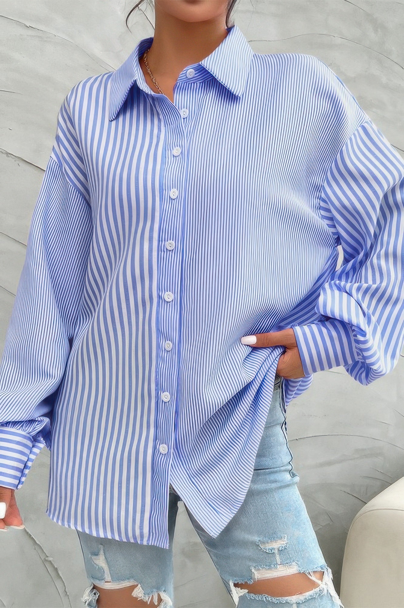 CCWHOLESALECLOTHING stripe print button down shirt oversized blue white vertical stripes with casual ripped jeans
