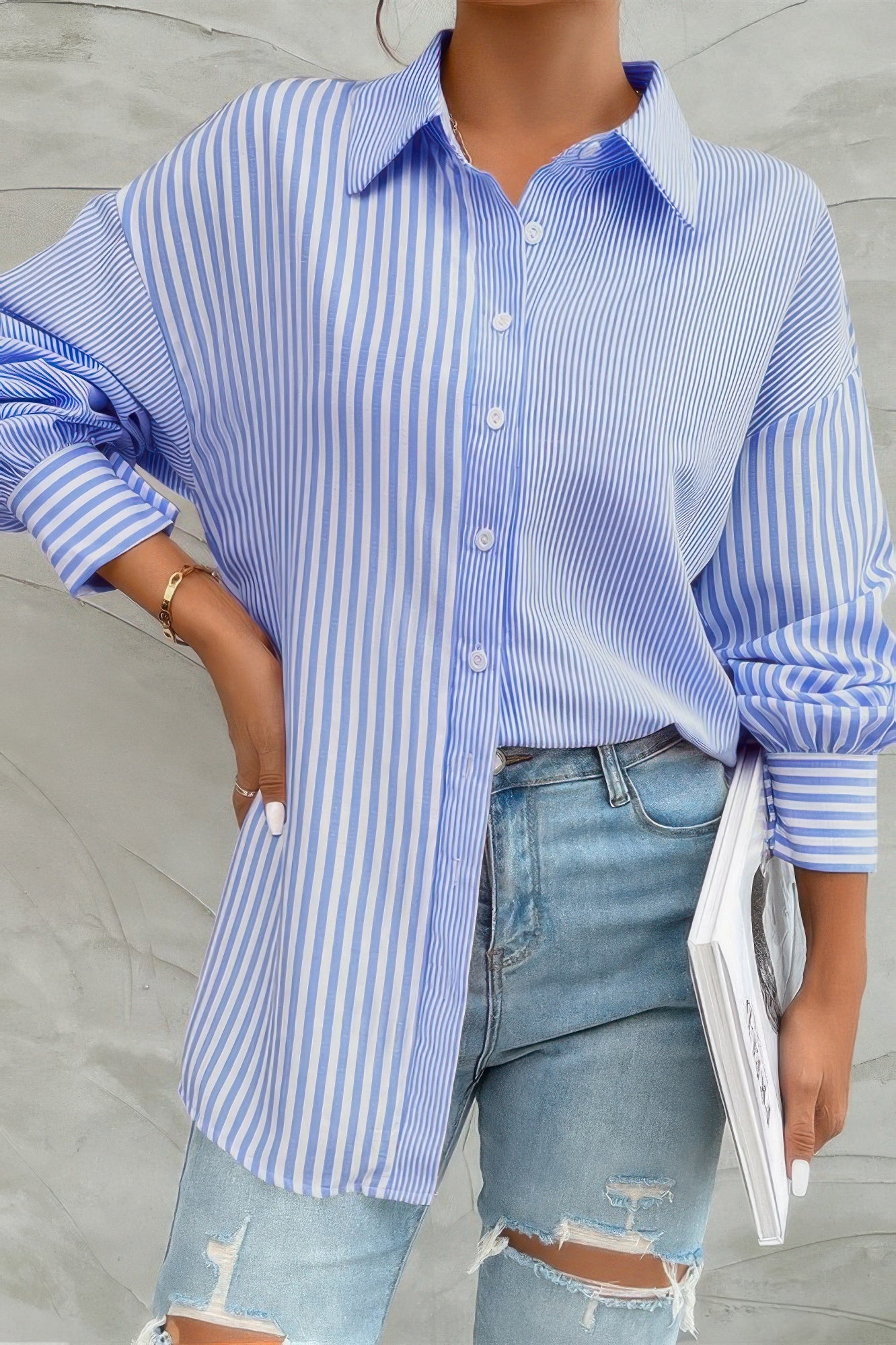 CCWHOLESALECLOTHING stripe print button down shirt oversized light blue and white vertical stripes with cuffed sleeves
