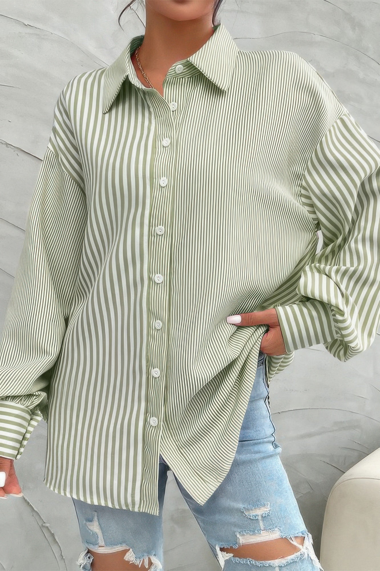 CCWHOLESALECLOTHING oversized sage green and white stripe print button down shirt with long sleeves paired with ripped jeans