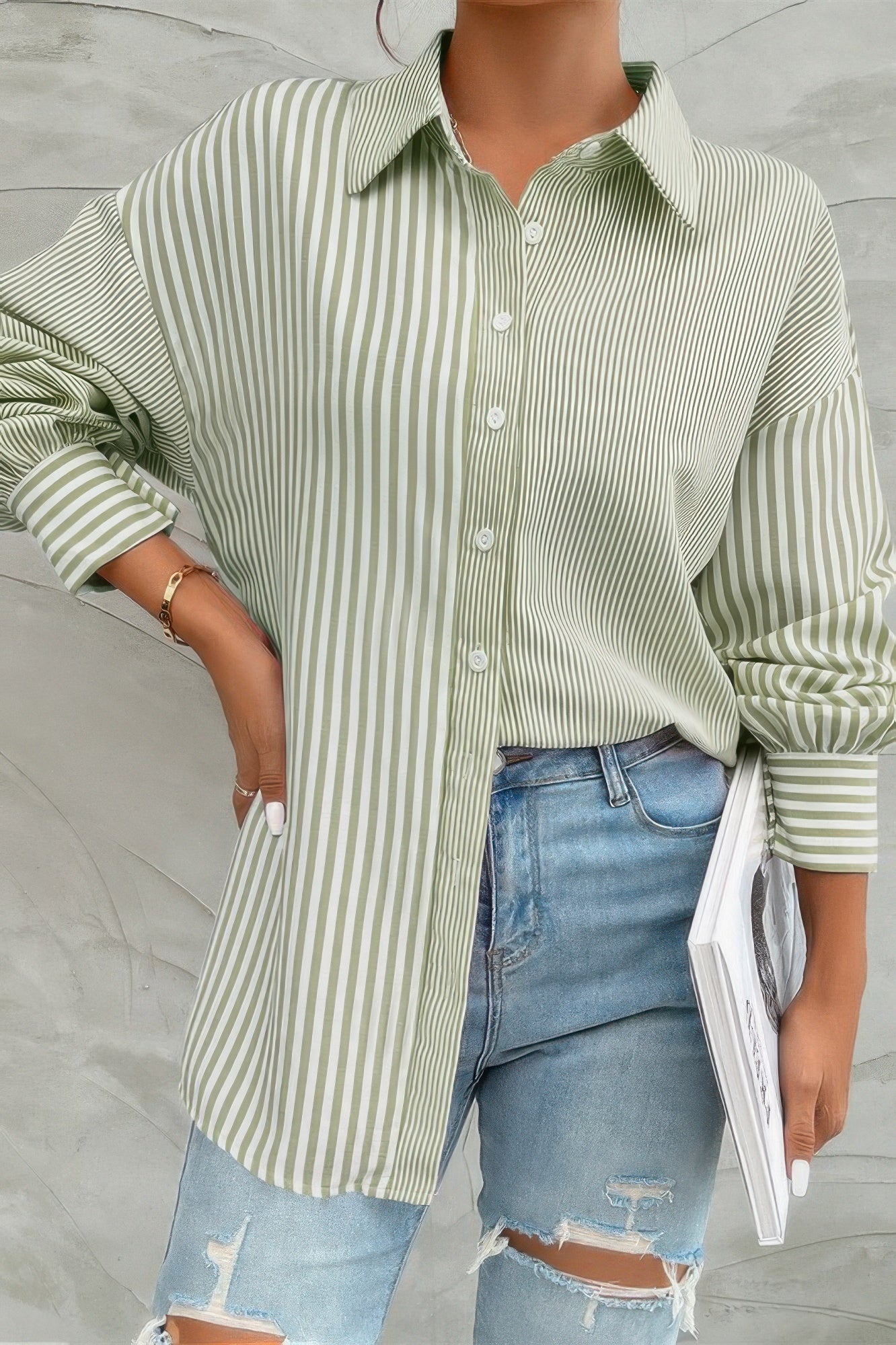 CCWHOLESALECLOTHING green and white stripe print button down shirt oversized relaxed fit with collar and cuffed sleeves