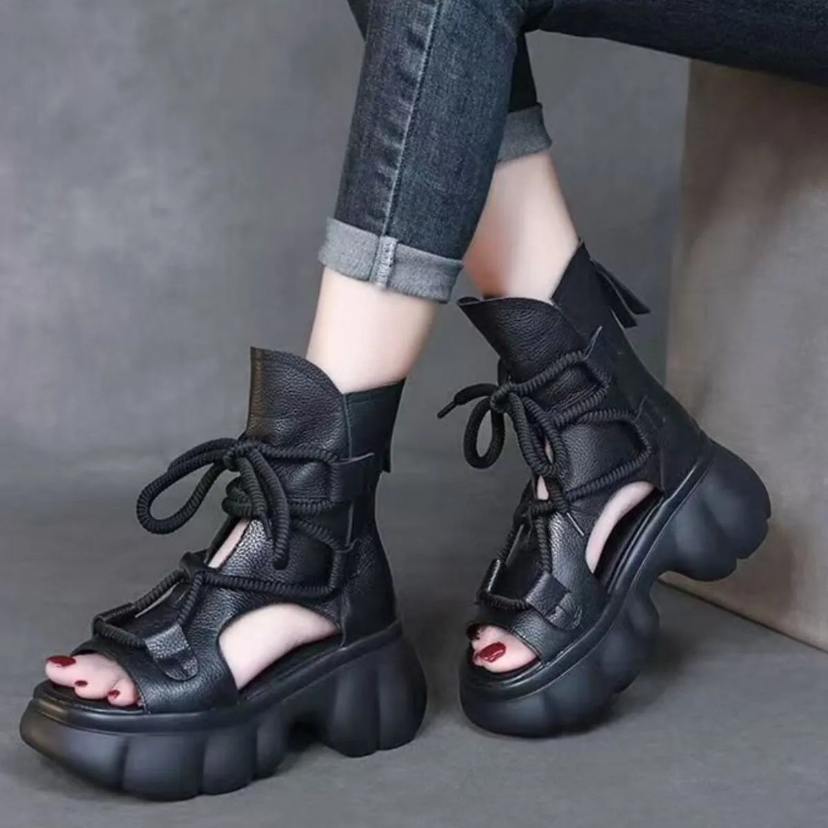 Trendsi women's chunky platform sandals black leather lace up peep toe cutout ankle boot style