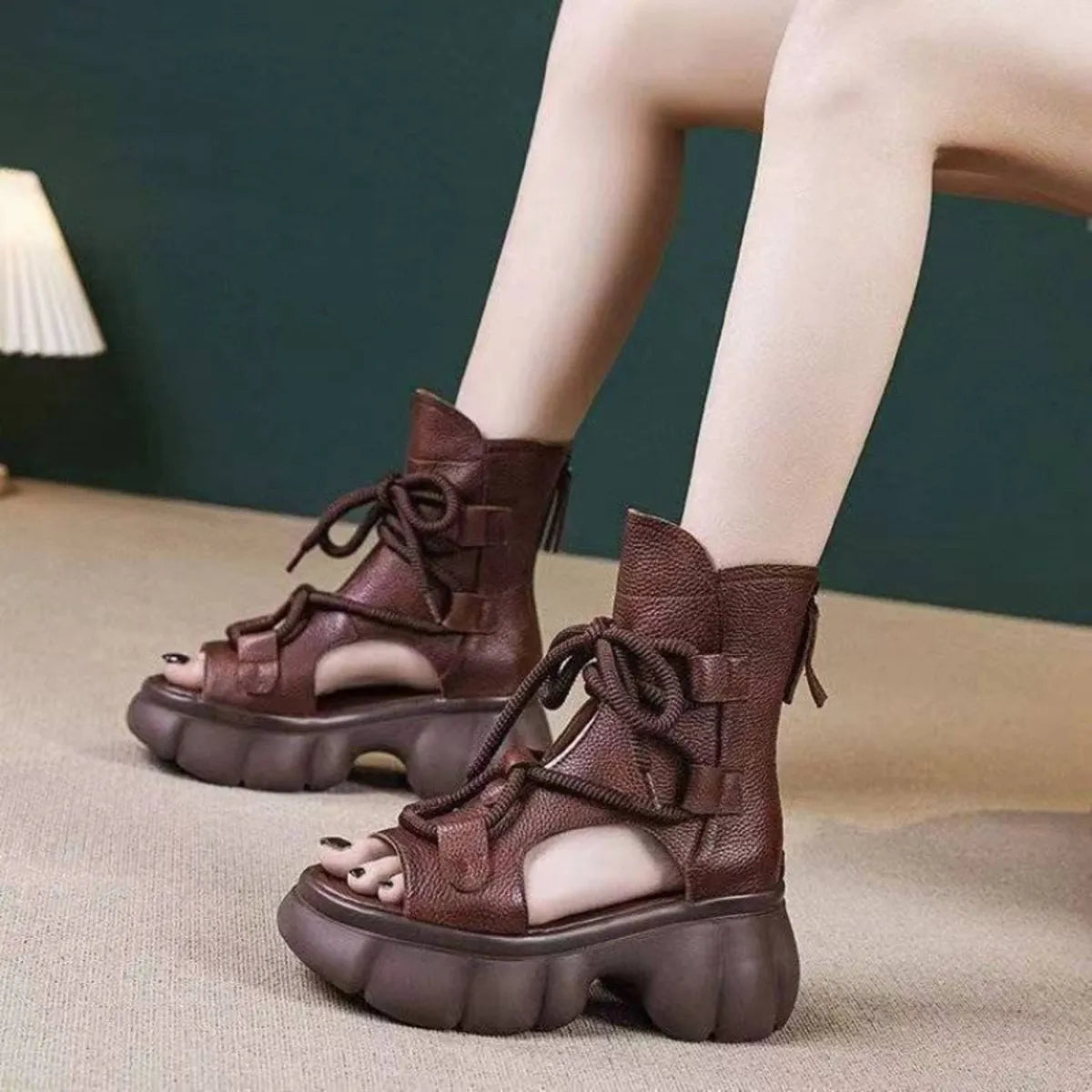 Trendsi brown lace up women's chunky platform sandals open toe ankle boot with bubble sole