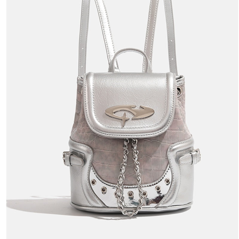 Trendsi Metallic Mini Backpack in silver with croc texture flap closure and decorative chain