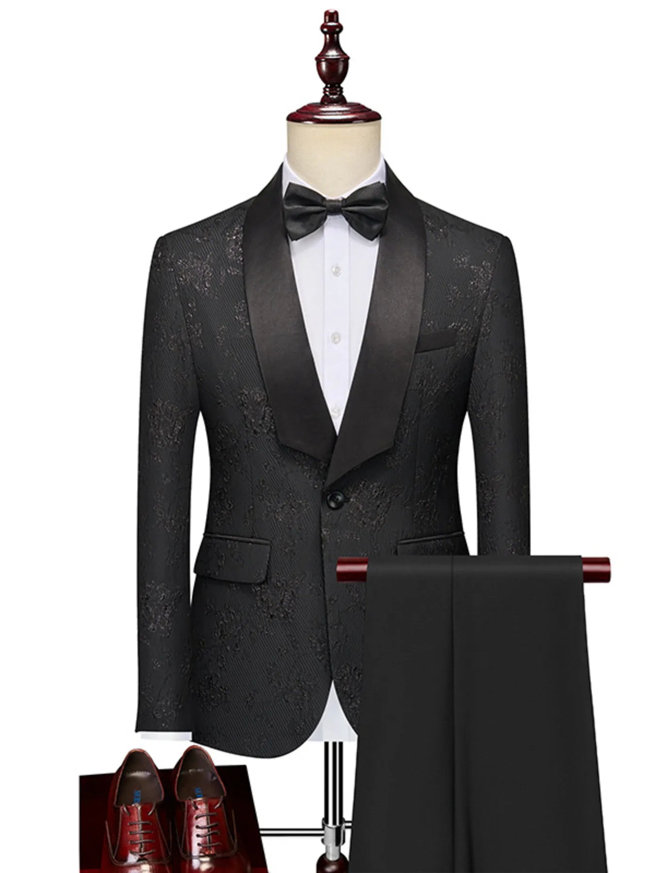 Trendsi black blazer and pants set with satin lapel, white shirt, black bow tie, and brown dress shoes