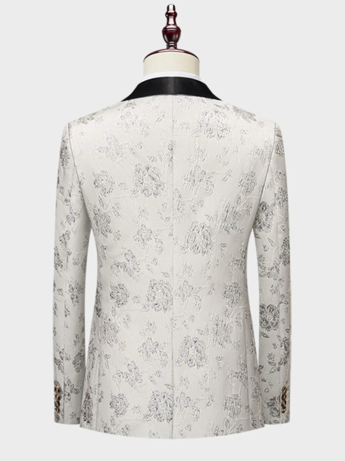 Trendsi white floral blazer and pants set with black collar detail on mannequin back view