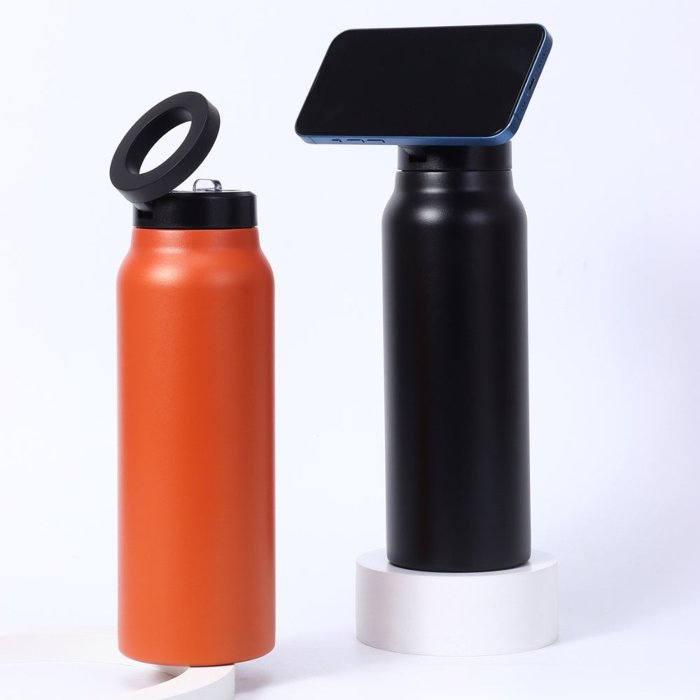 Fashions Envy stainless steel water bottles with Magnetic Phone Holder mounted on black bottle