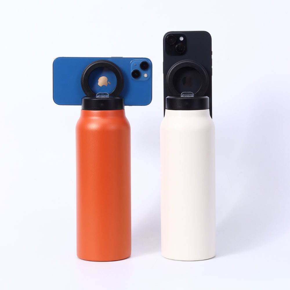Fashions Envy insulated water bottles with Magnetic Phone Holder on lids holding phones for hands free use