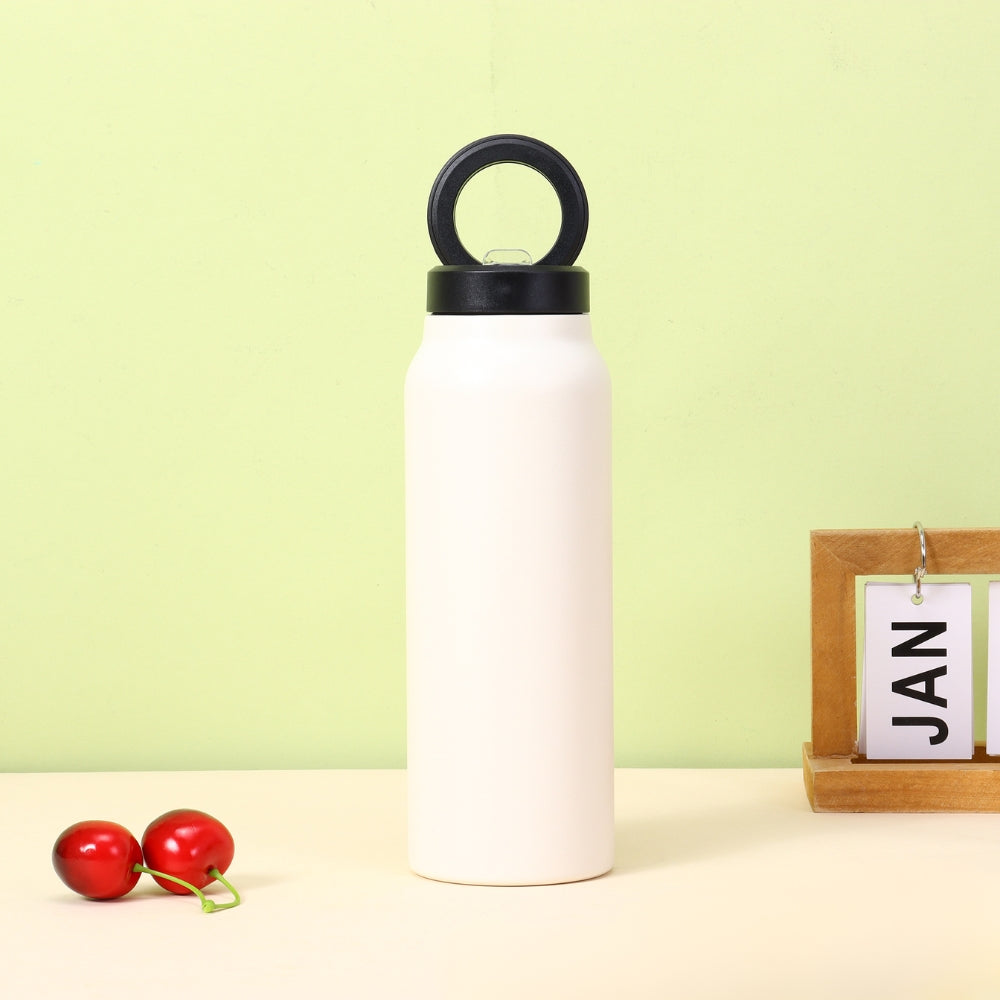 Fashions Envy white insulated water bottle with black loop cap on desk with cherries and calendar pairs with Magnetic Phone Holder