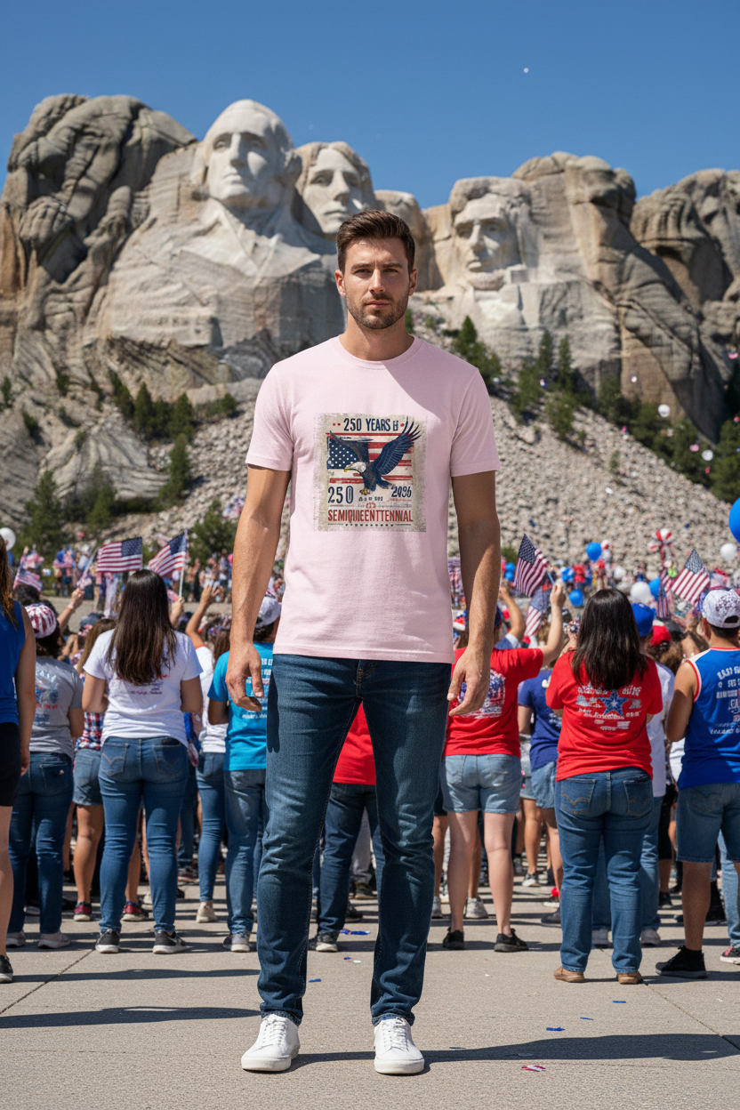 Male model in 250 Year Semiquincentennial t-shirt at Mount Rushmore