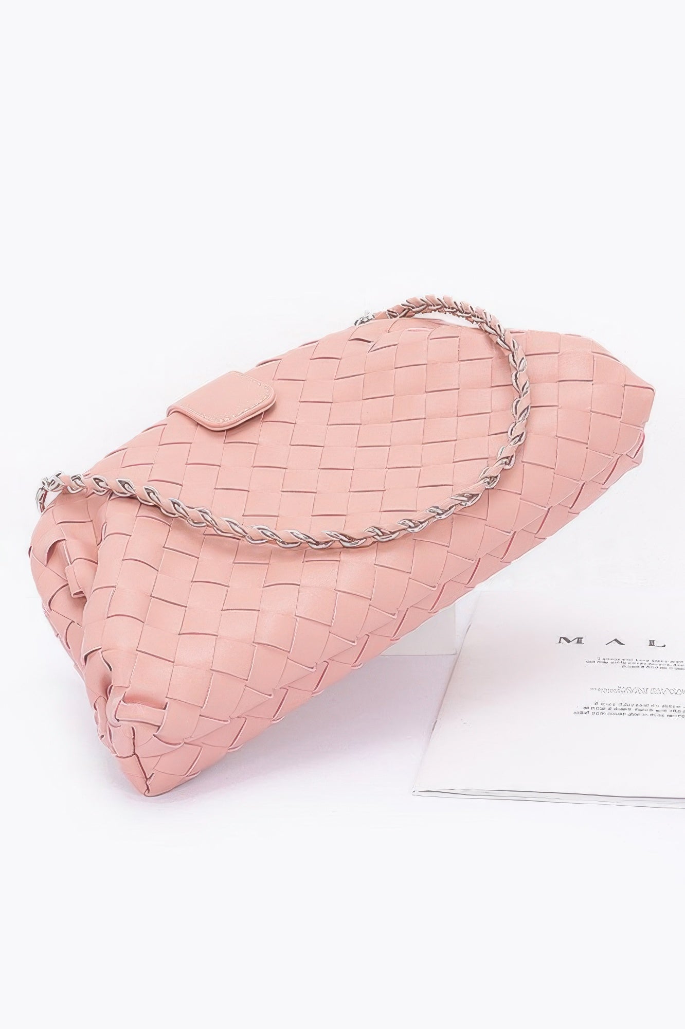 CCWHOLESALECLOTHING pink woven clutch with silver chain strap faux leather braided shoulder bag for evenings