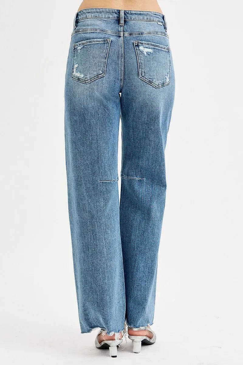 RISEN Full Size Mid Rise Fit Wide Baggy Leg Tie Washed Jeans - Fashions Envy