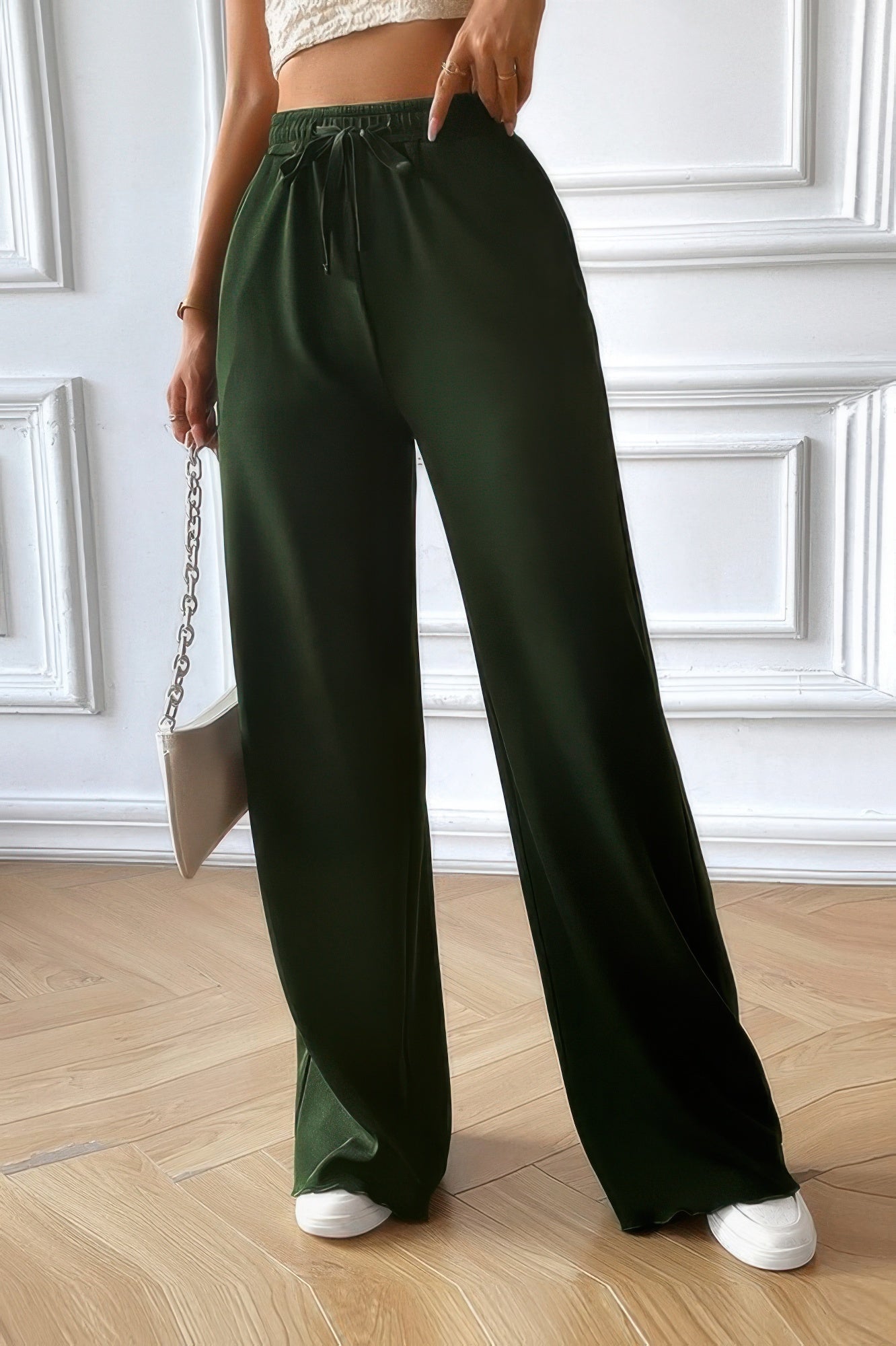 CCWHOLESALECLOTHING women's elastic waist straight pants in dark green with drawstring and white sneakers