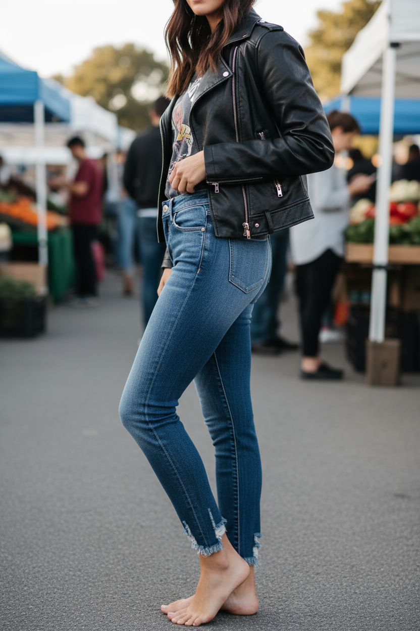 Medium wash ankle skinny jeans side profile showing two button waistband