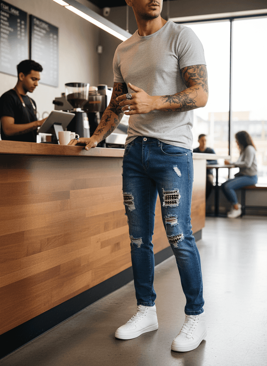 Men's Distressed Jeans - Studded Slim Fit Stretch Denim - Fashions Envy