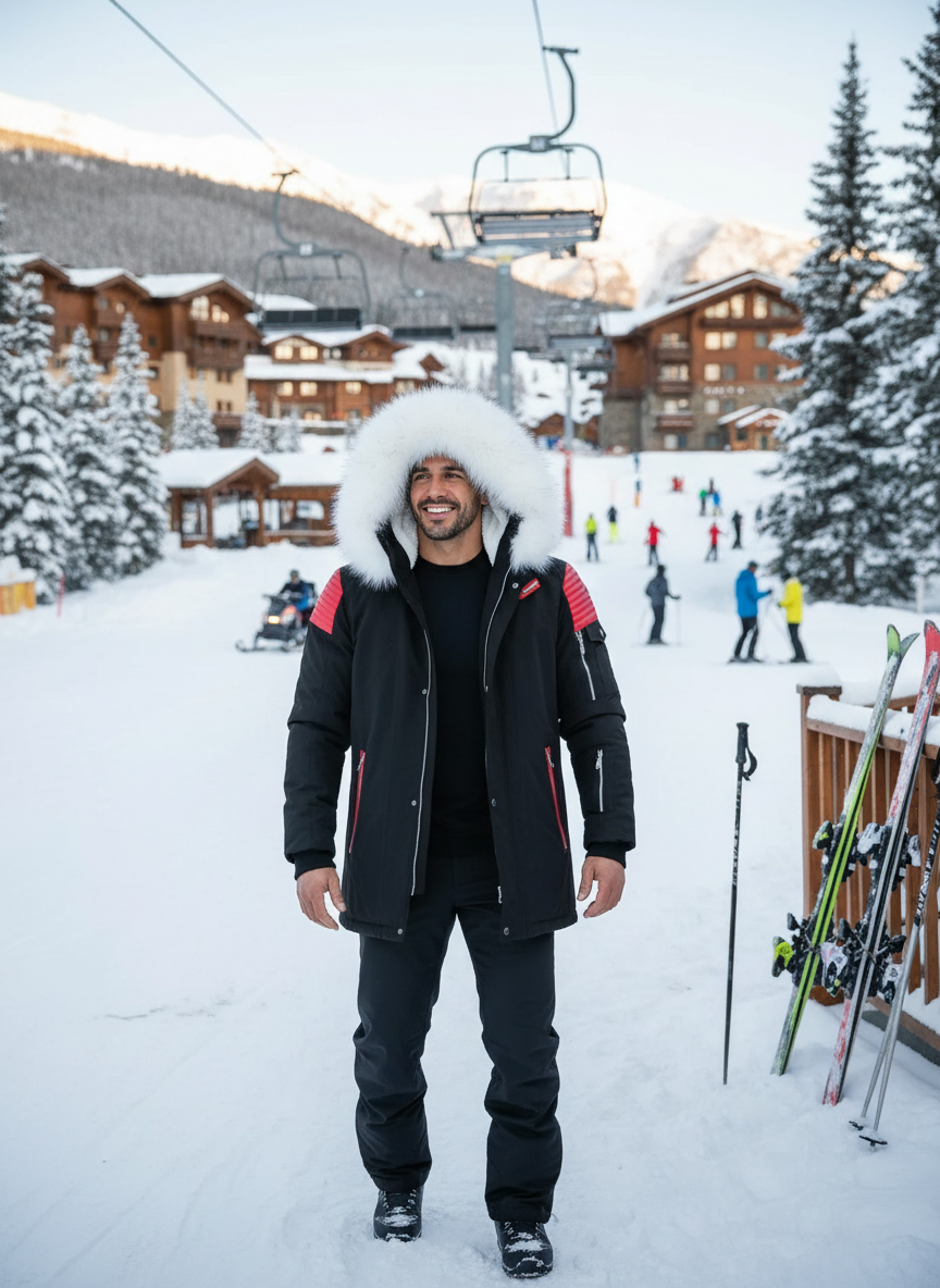 Men's fur hooded parka at ski resort base