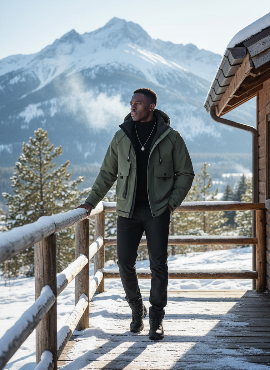 Men's hooded padded jacket at winter cabin porch