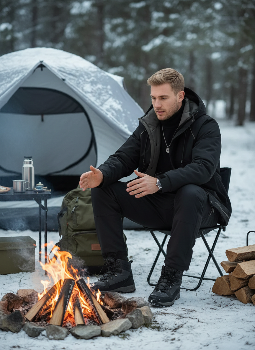 Men's hooded padded jacket at winter campfire - Caucasian blonde man