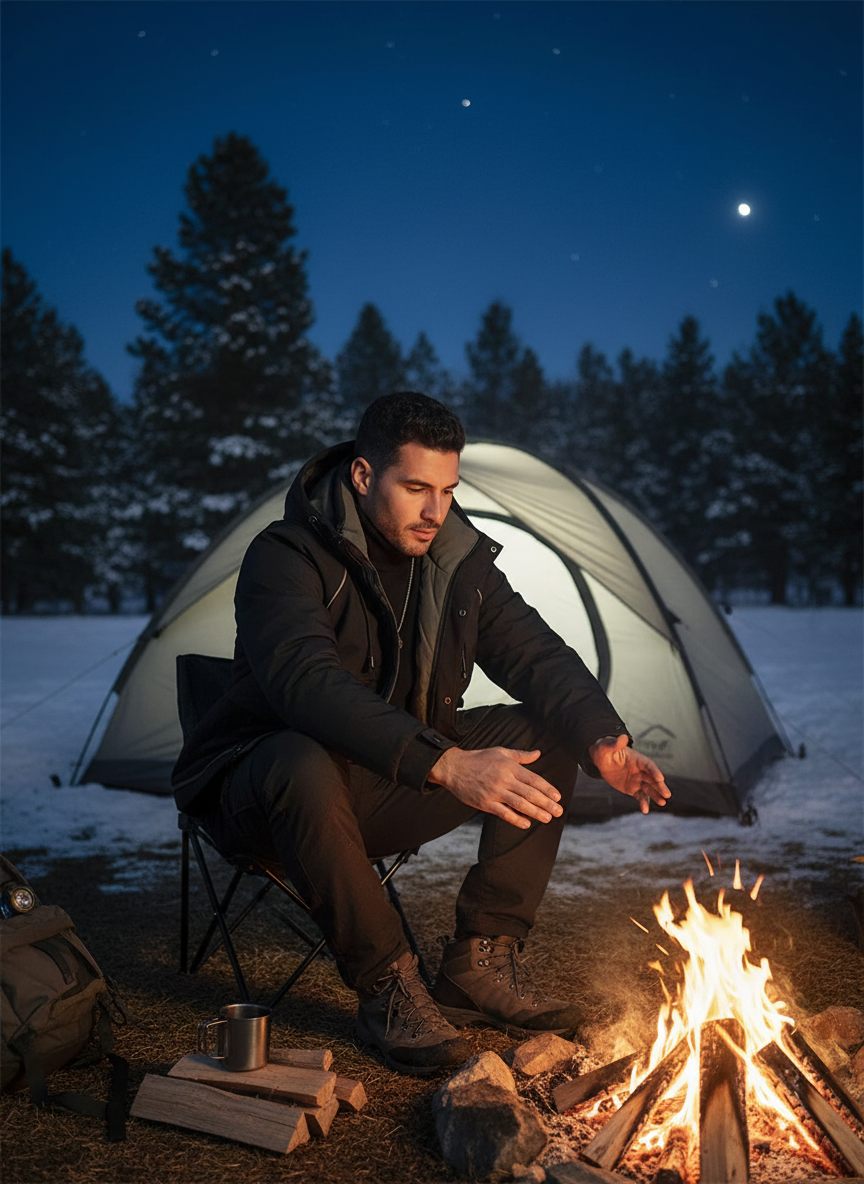 Men's hooded padded jacket at winter campfire