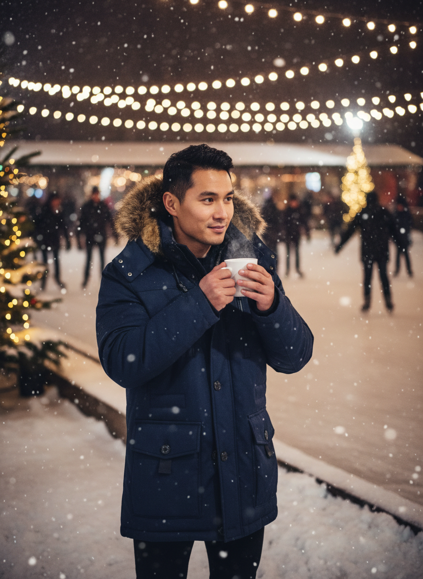 Men's parka coat at outdoor ice skating rink