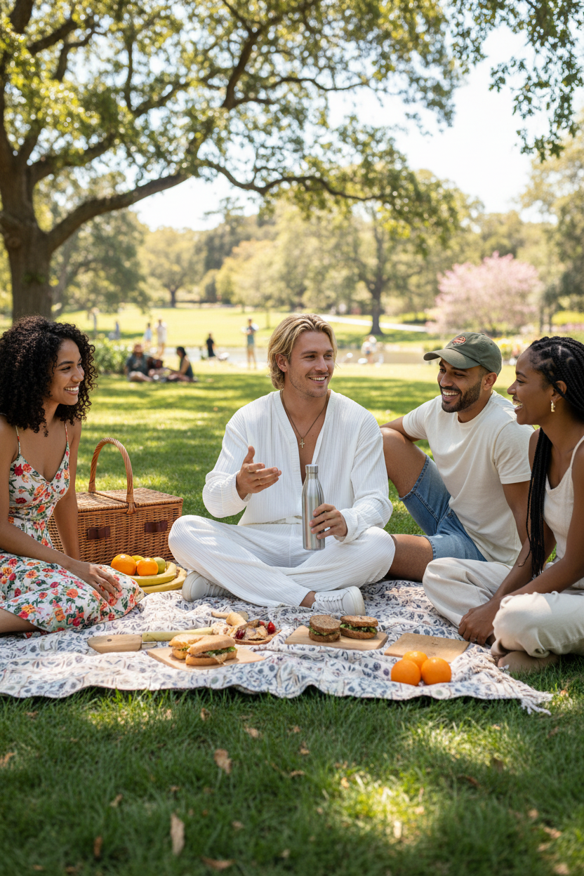 Men's Textured Button Up Shirt and Pants Set - White - Park Picnic Scene
