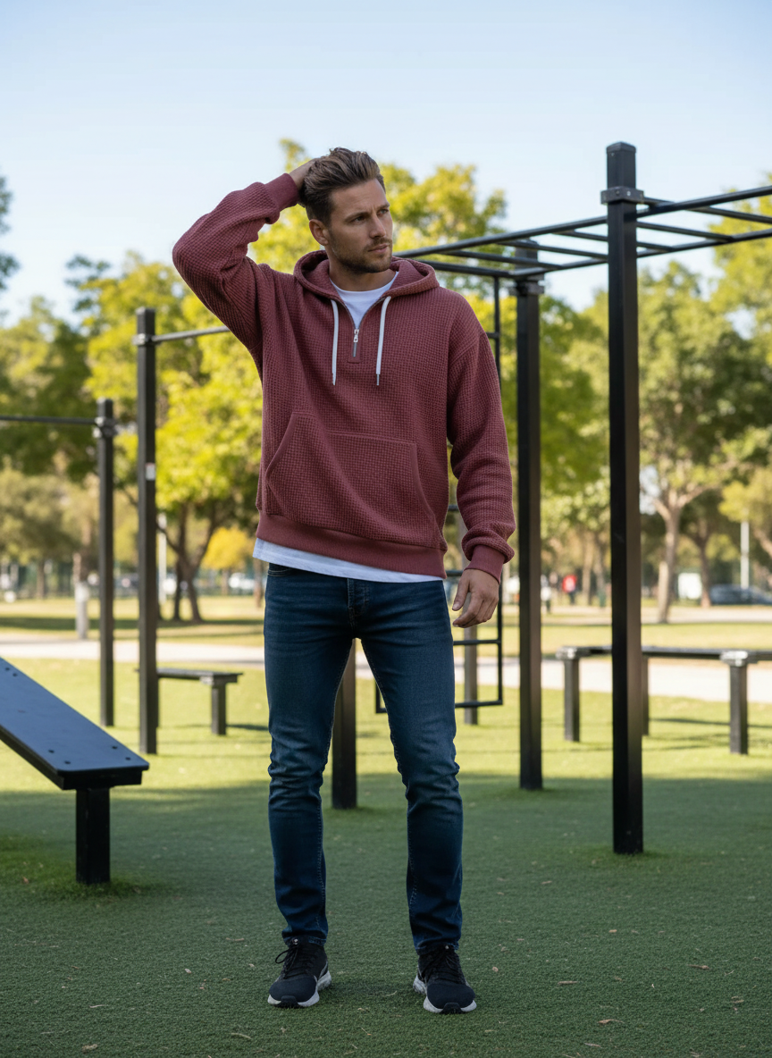 Waffle Knit Half-Zip Hoodie Men - Textured Cotton Blend - Fashions Envy