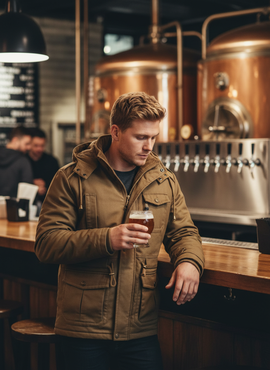 Men's zip-up jacket at brewery taproom